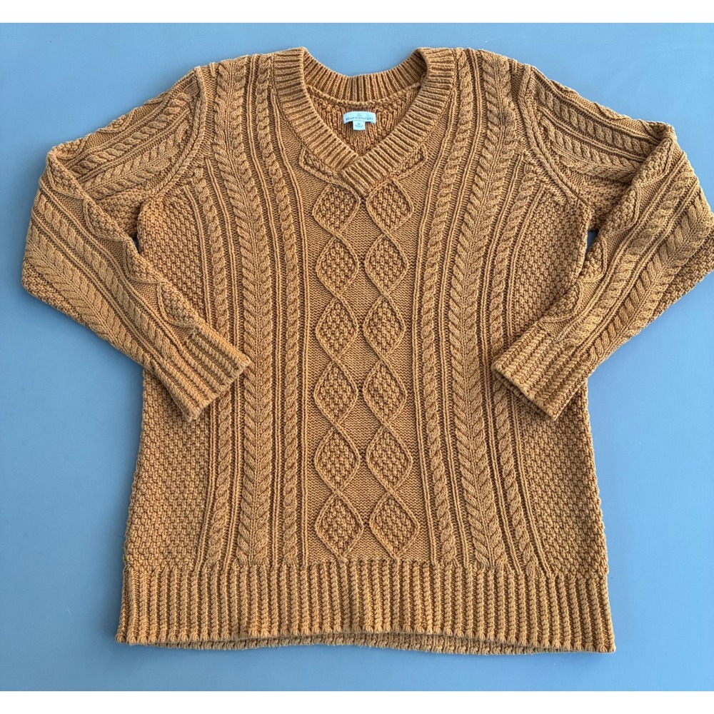 LL Bean Signature Burnt Orange Cotton Fisherman Knit V-Neck Sweater Heritage M